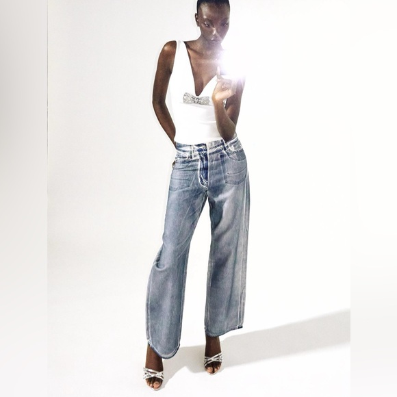 NEW ZARA WOMAN TRE MID WAIST LOOSE FOIL JEANS BLUE WITH WHITE 26 (US 2) - Picture 6 of 10